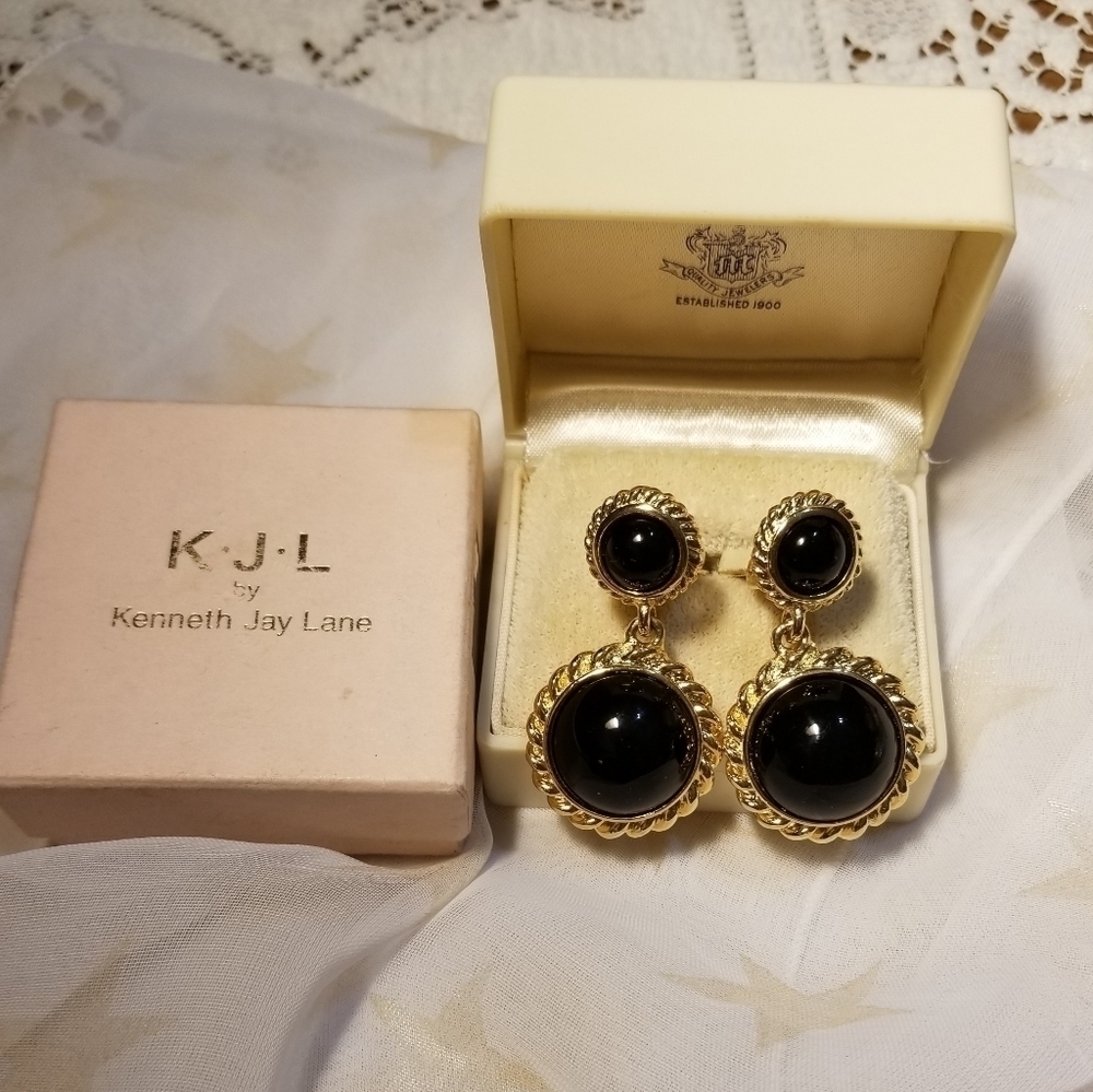 Vtg Kjl Kenneth Jay Lane Black Gold Earrings — image 7 of 8